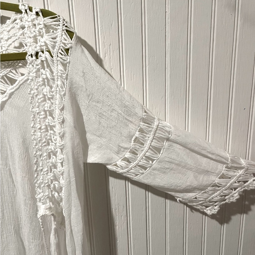 Boho Women White Fringe Swim Cover crochet design- One Size- Tie Front - Picture 6 of 8